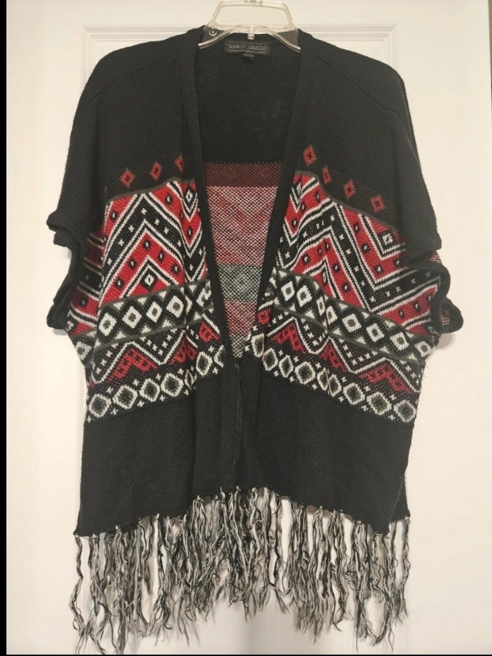 Almost Famous Black Red and White Fringe Knit Poncho
